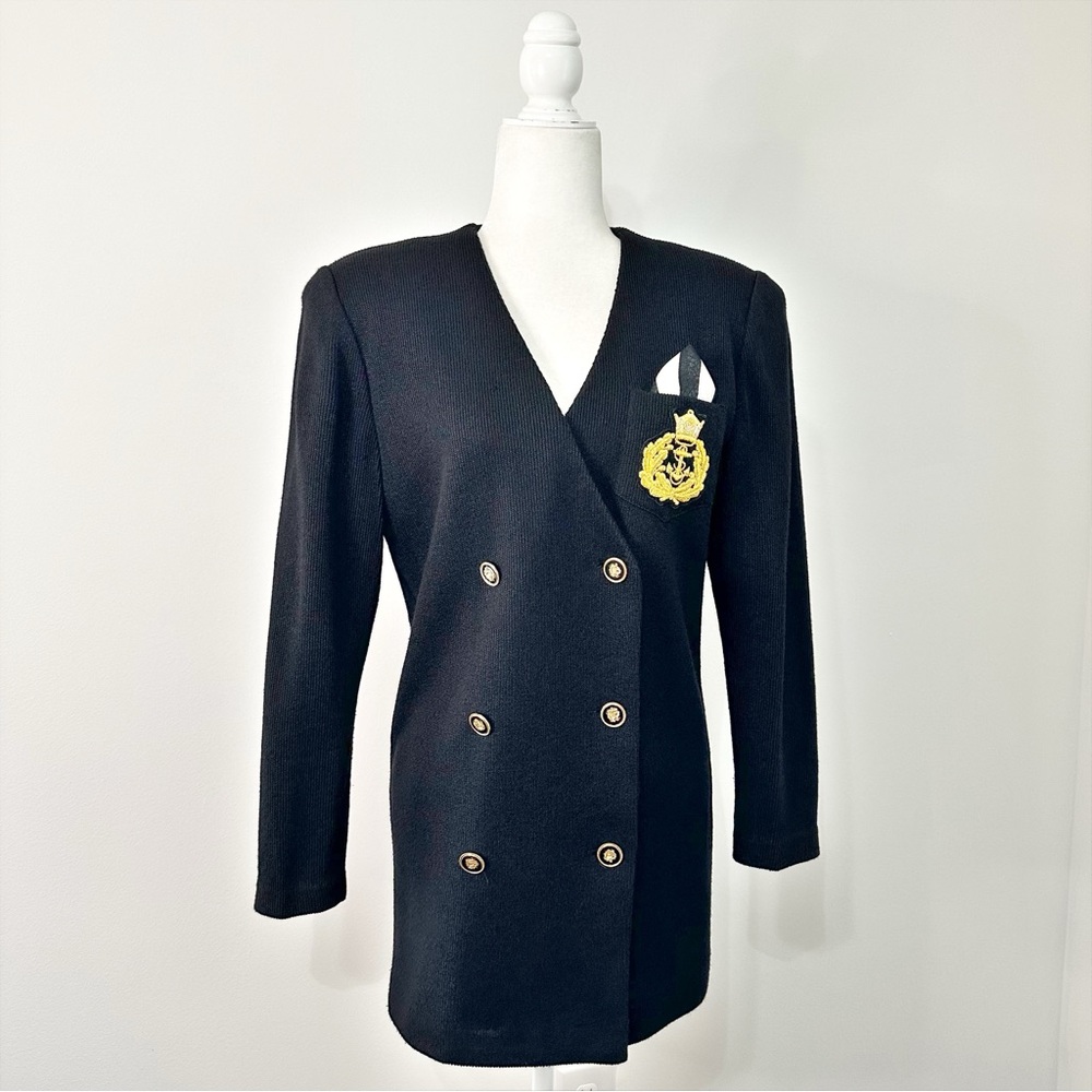 Jeffrey & Dara by Linda Hutley Black Gold Knit Nautical Double-Breasted Blazer
